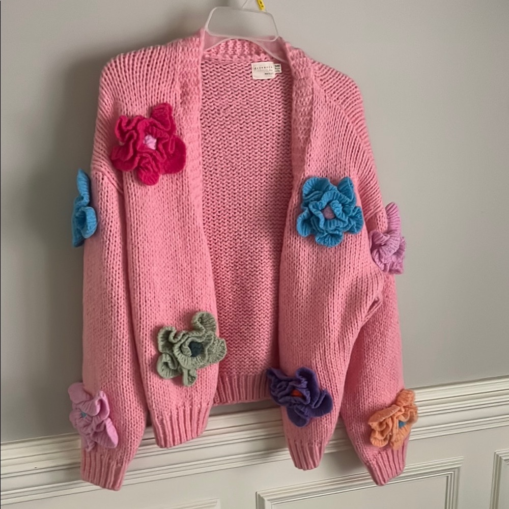 Pink and Red Cardigan with Floral Embellishments